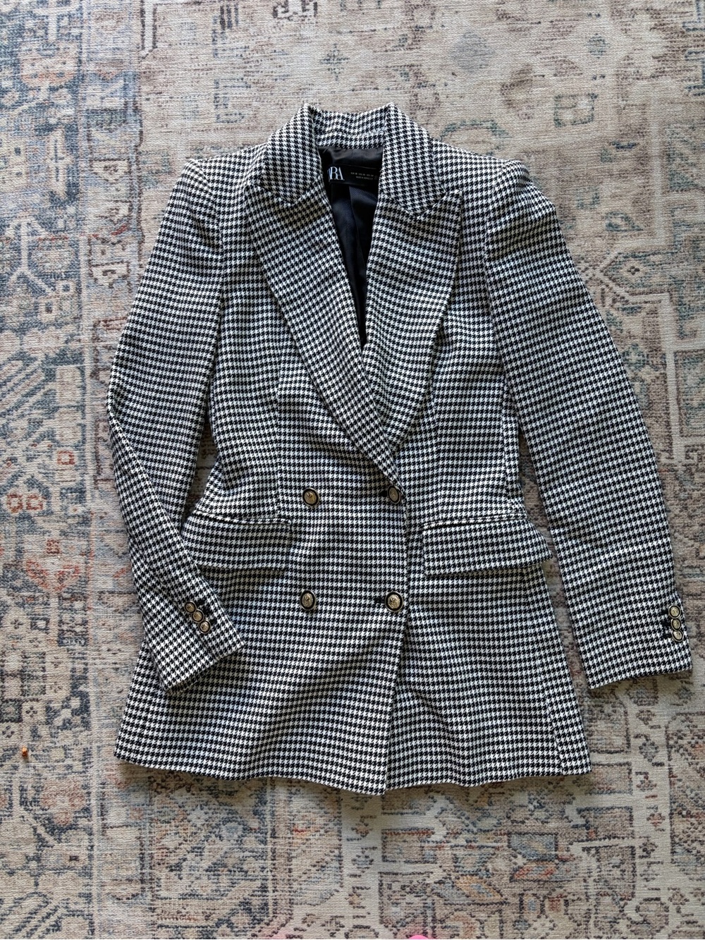 Zara Black & White Houndstooth Double-Breasted Blazer